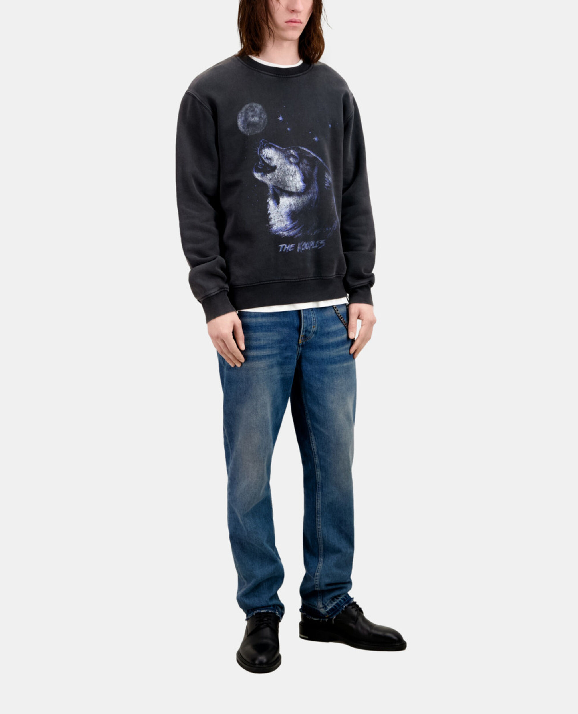 Herren Schwarzes Sweatshirt mit „Wolf“-Siebdruck, BLACK WASHED, hi-res image number null