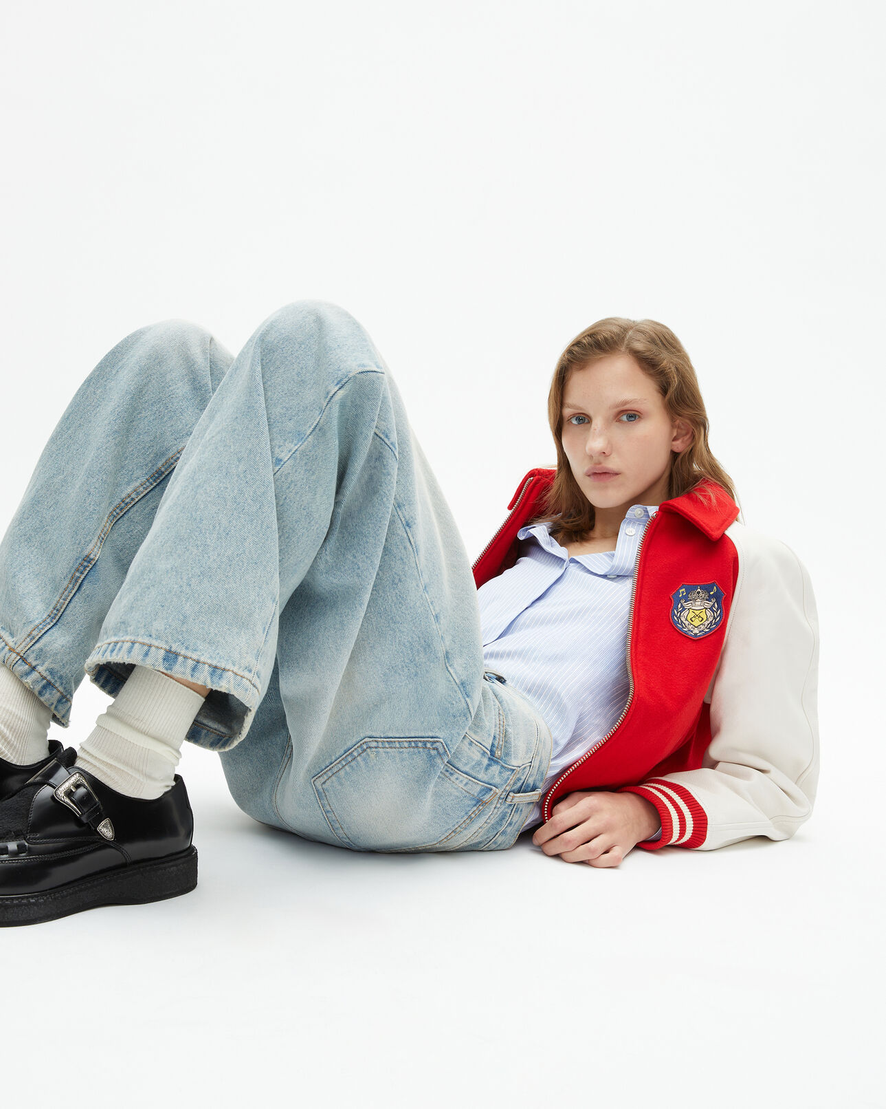 The Kooples FEMME RED / WHITE blouson en laine et cuir rouge et blanc