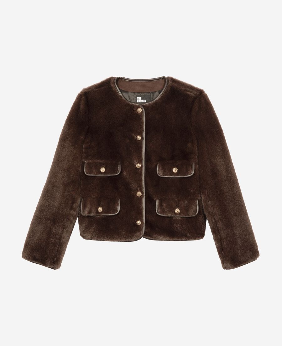 The Kooples FEMME CHOCOLATE blouson effet fourrure avec d&eacute;tails de cuir marron