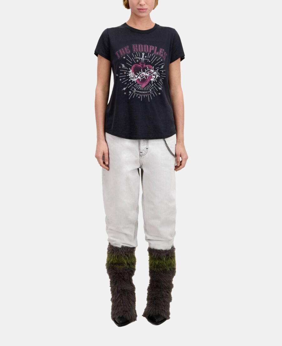 The Kooples F BLACK women's black t-shirt with dagger through heart serigraphy