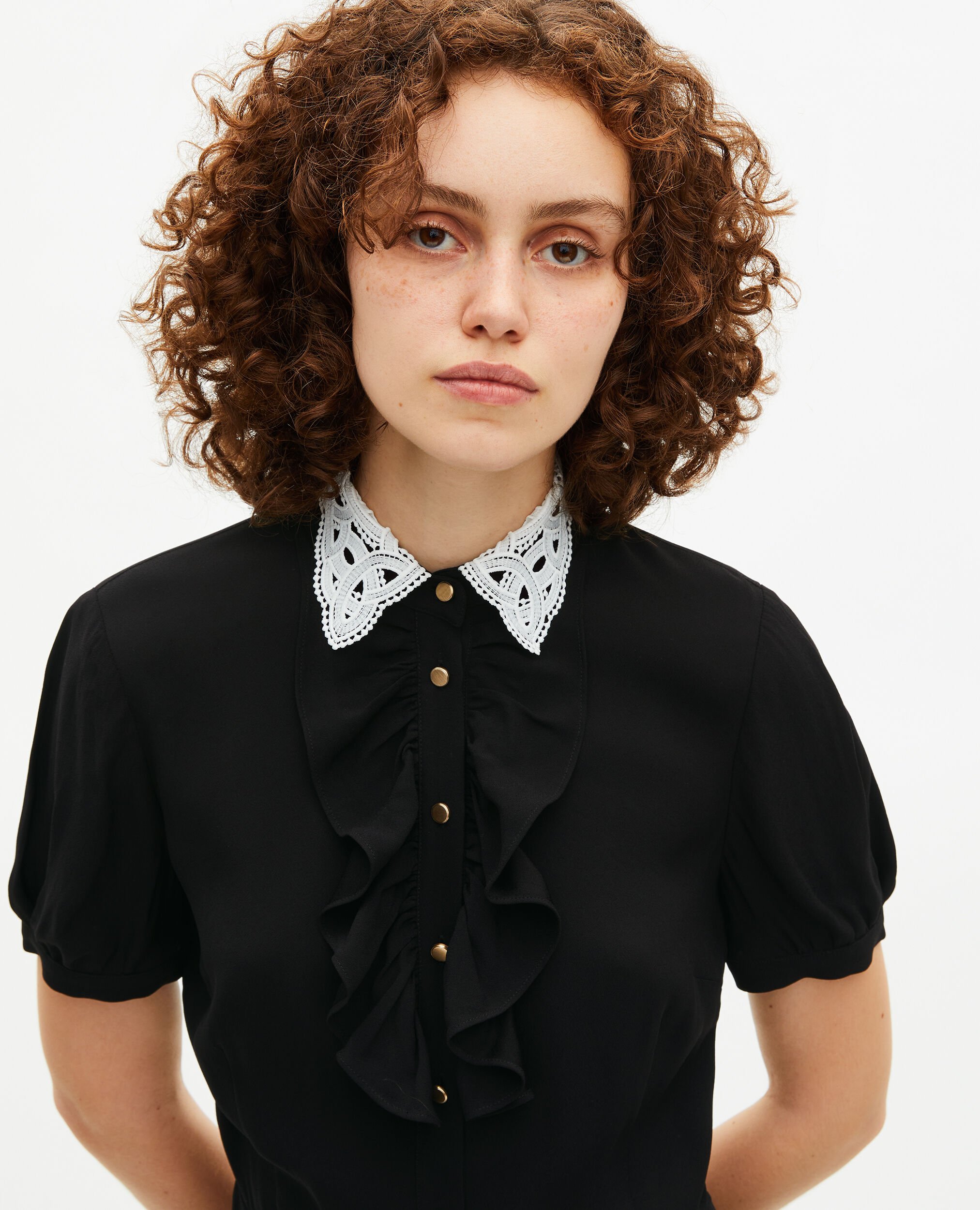 Short black dress with contrasting embroidered collar, BLACK, hi-res image number null