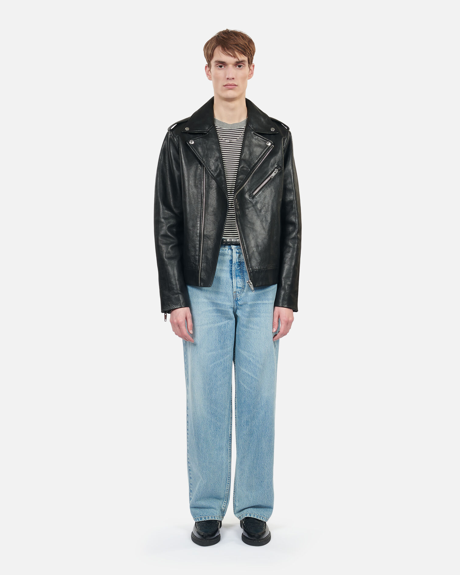 Blouson biker en cuir noir, BLACK, hi-res image number null