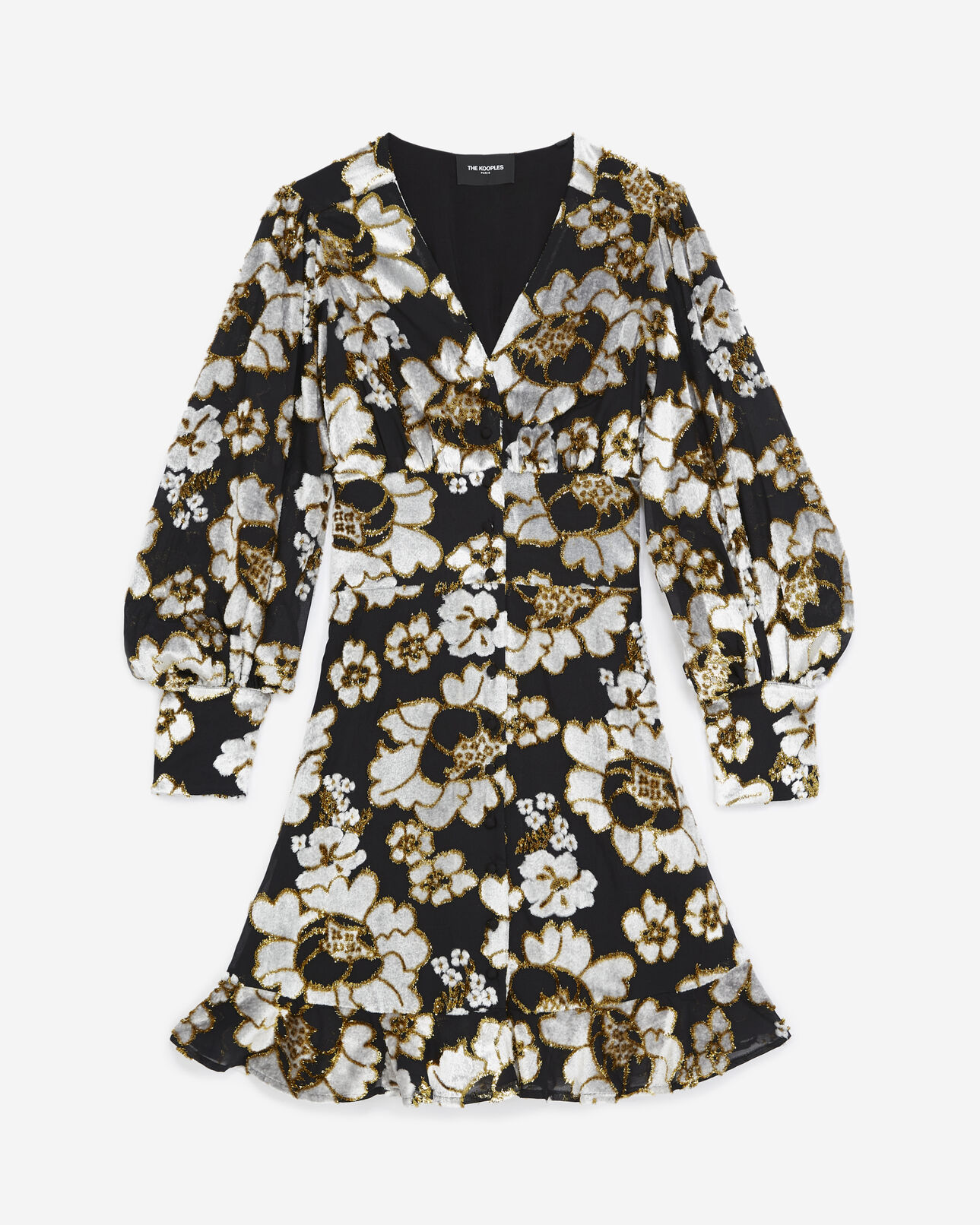 The Kooples FEMME BLACK / GOLD robe courte a manches longues avec decollete v