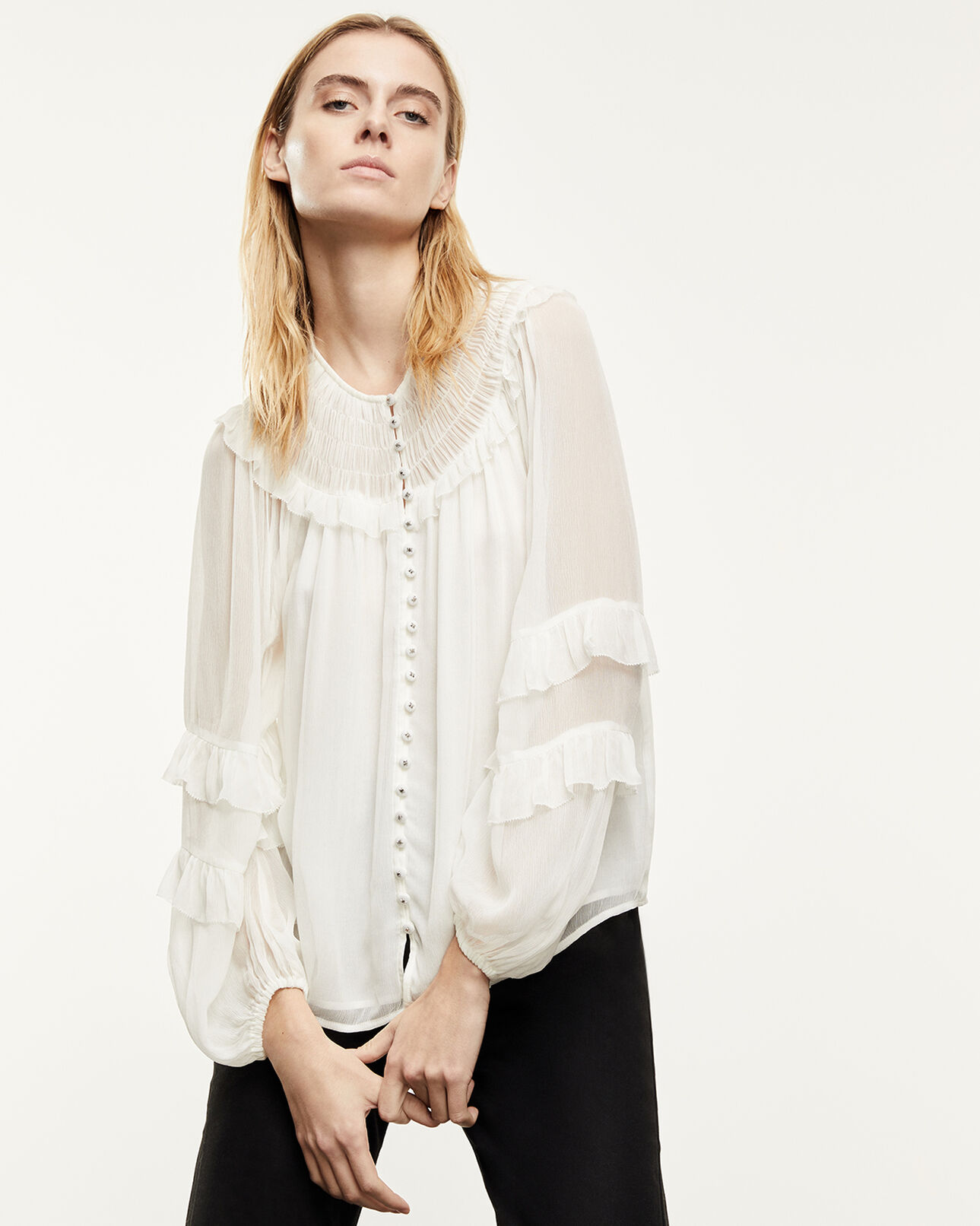 The Kooples WOMEN ECRU flowing ecru shirt with smocked neck