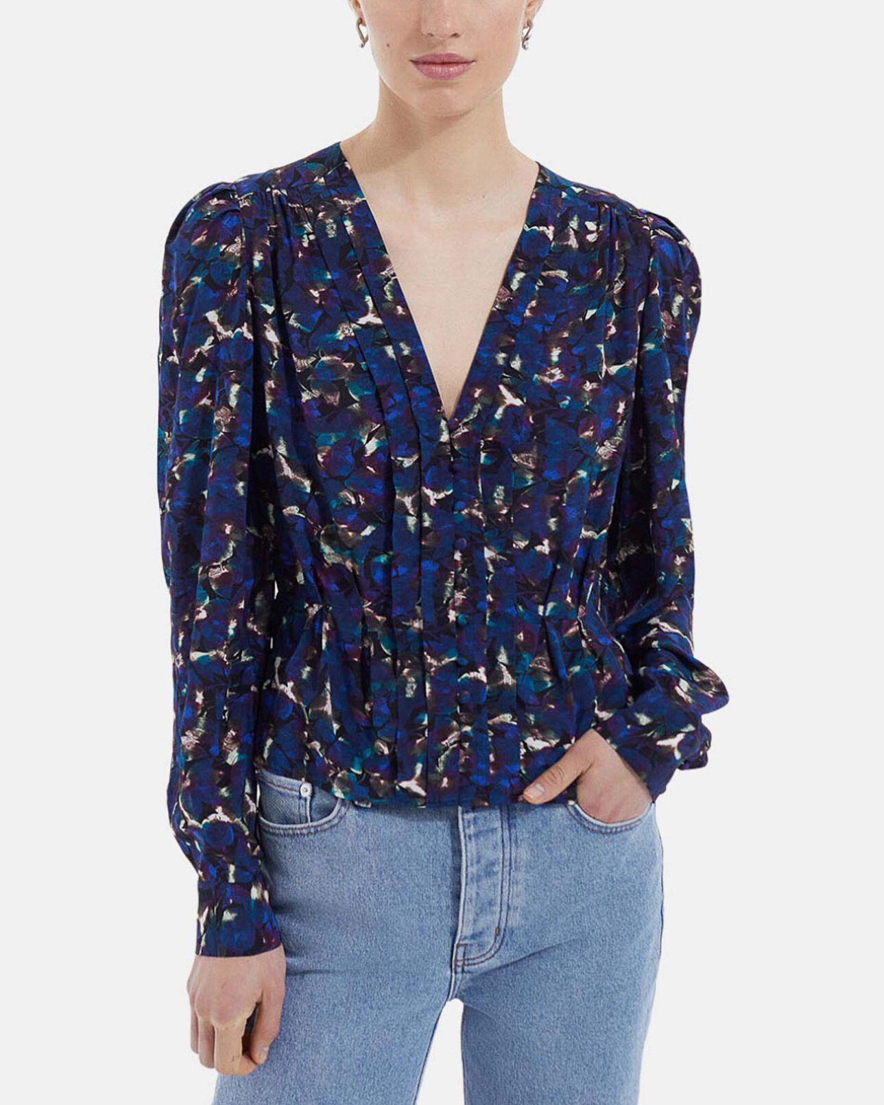 The Kooples WOMEN BLUE flowing blue top w/ pleating and floral motif
