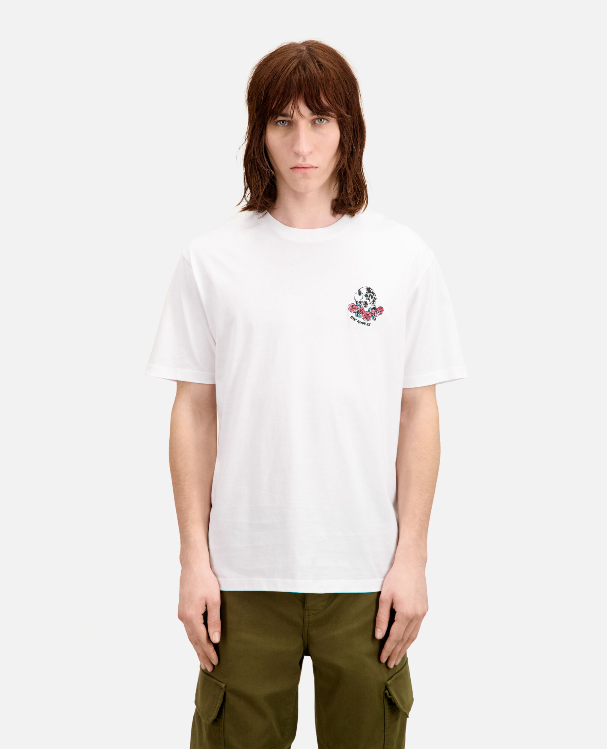 Weißes T-Shirt Herren mit Vintage-Skull-Stickerei, WHITE, hi-res image number null