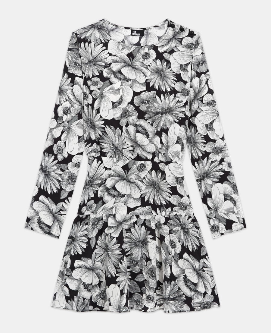 The Kooples WOMEN BLACK WHITE short floral silk dress