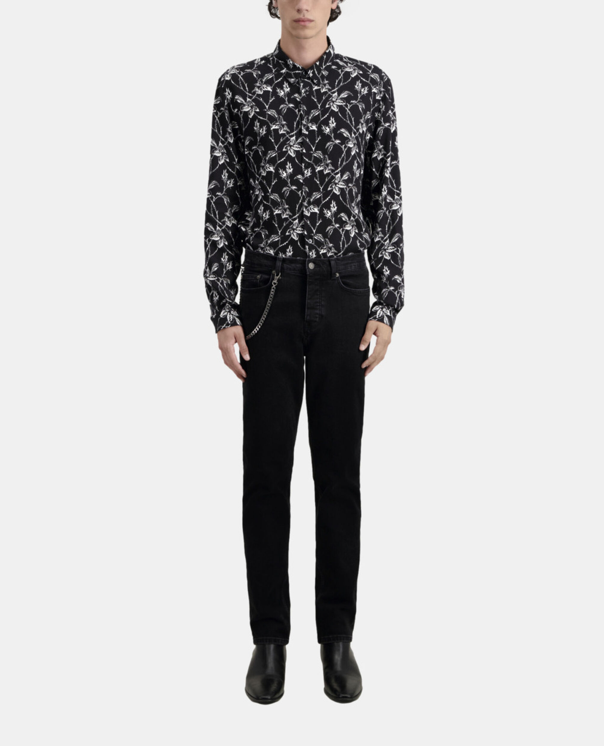 Schwarze Jeans mit geradem Bein und Kette, BLACK WASHED, hi-res image number null