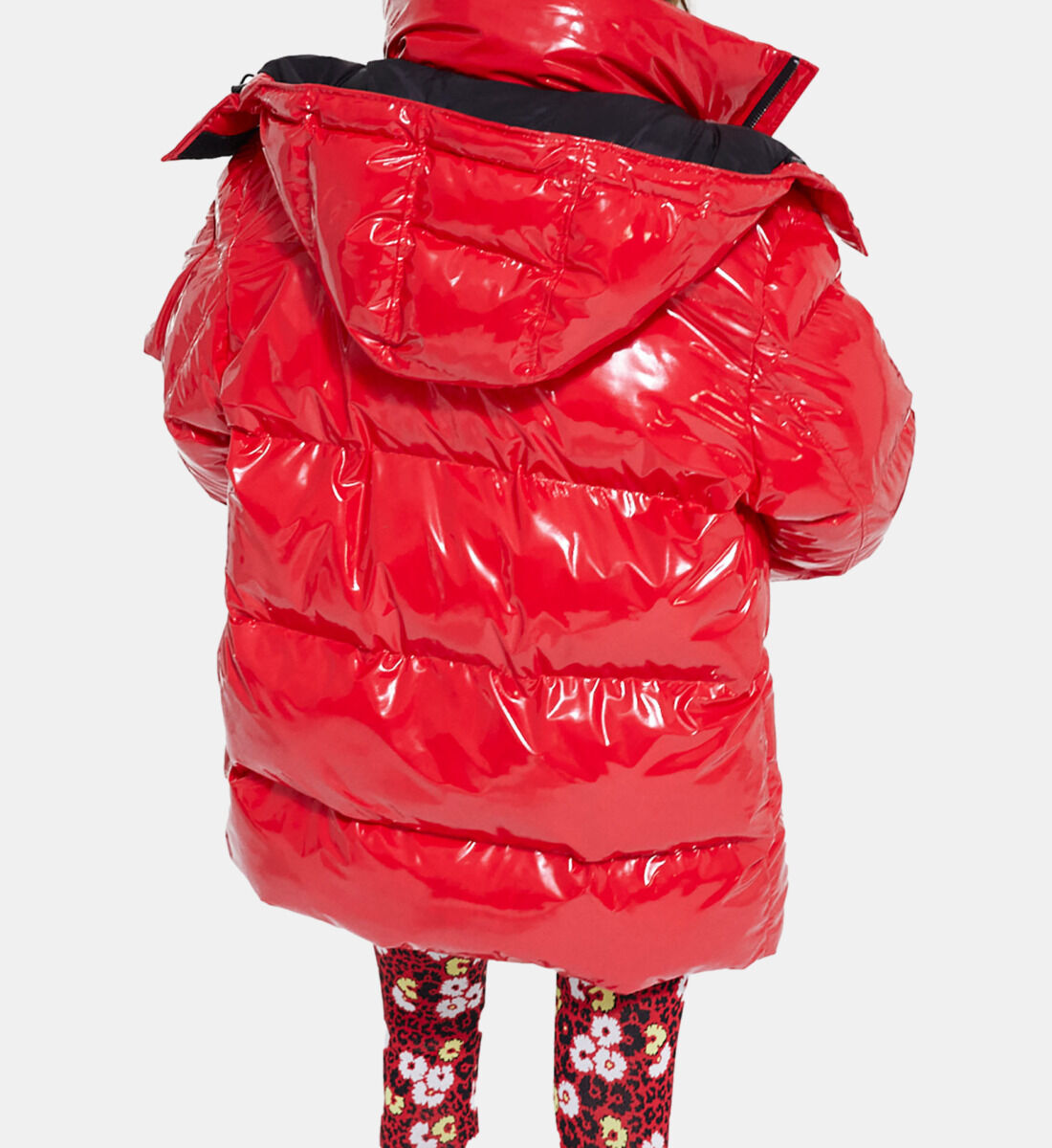 Red oversized vinyl down jacket with straps and logo The Kooples