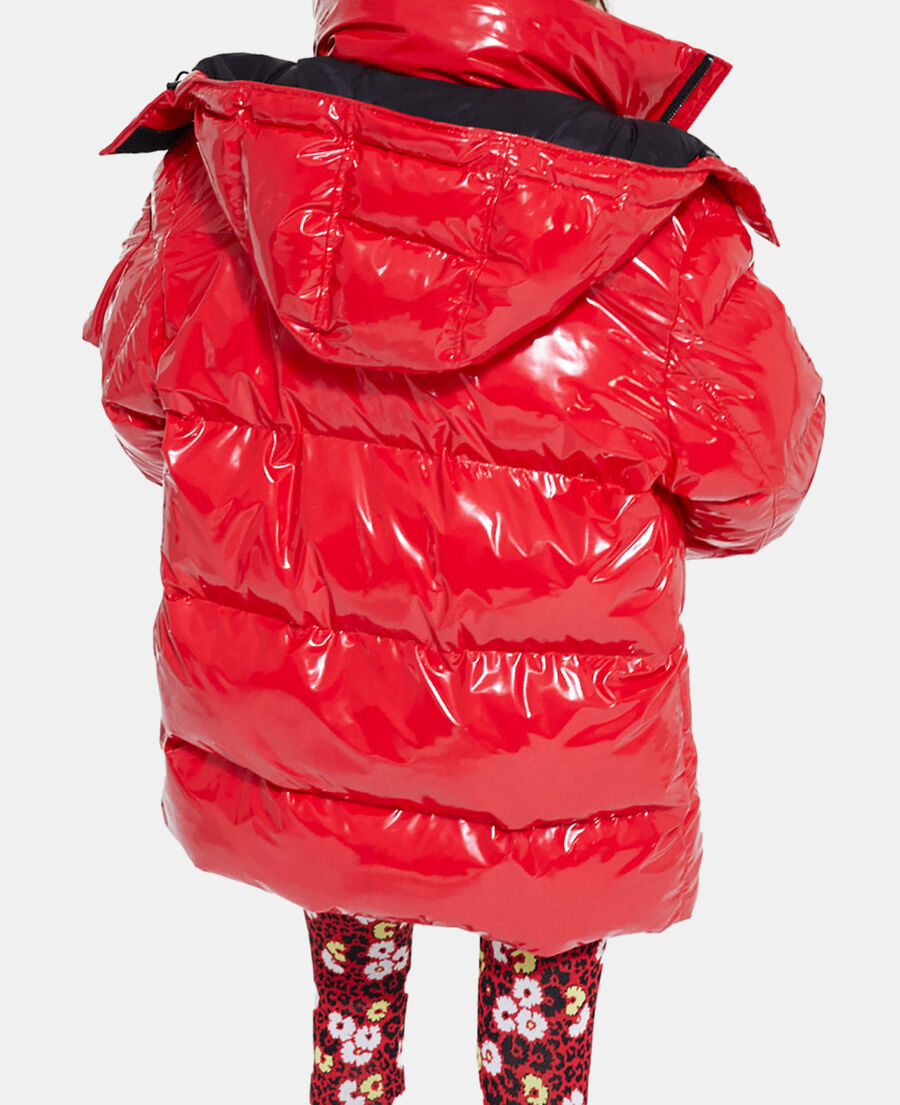 red oversized vinyl down jacket with straps and logo