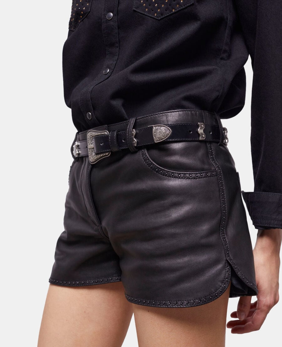 The Kooples FEMME BLACK short en cuir à studs noir