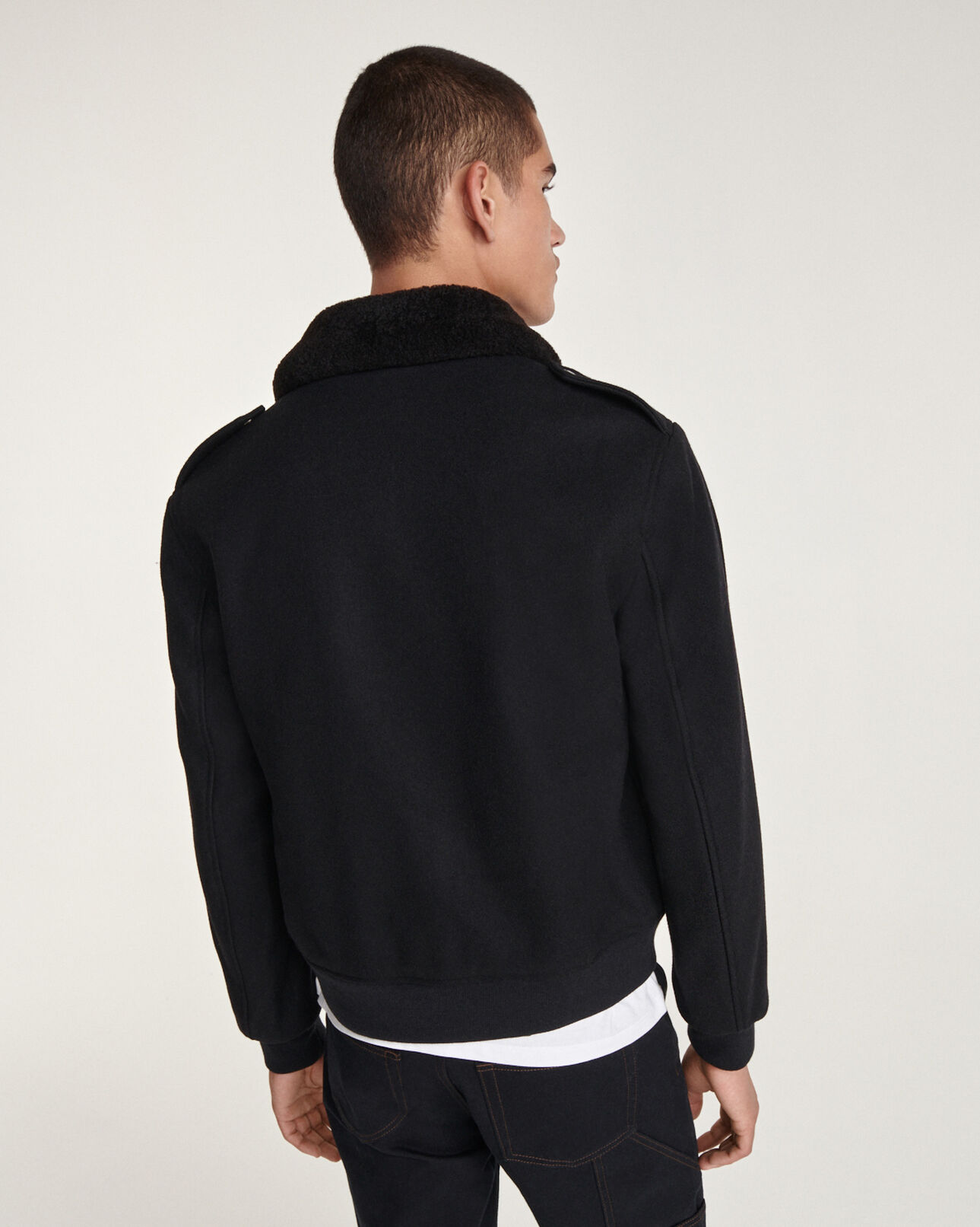The Kooples HOMME BLACK blouson laine noire col marron