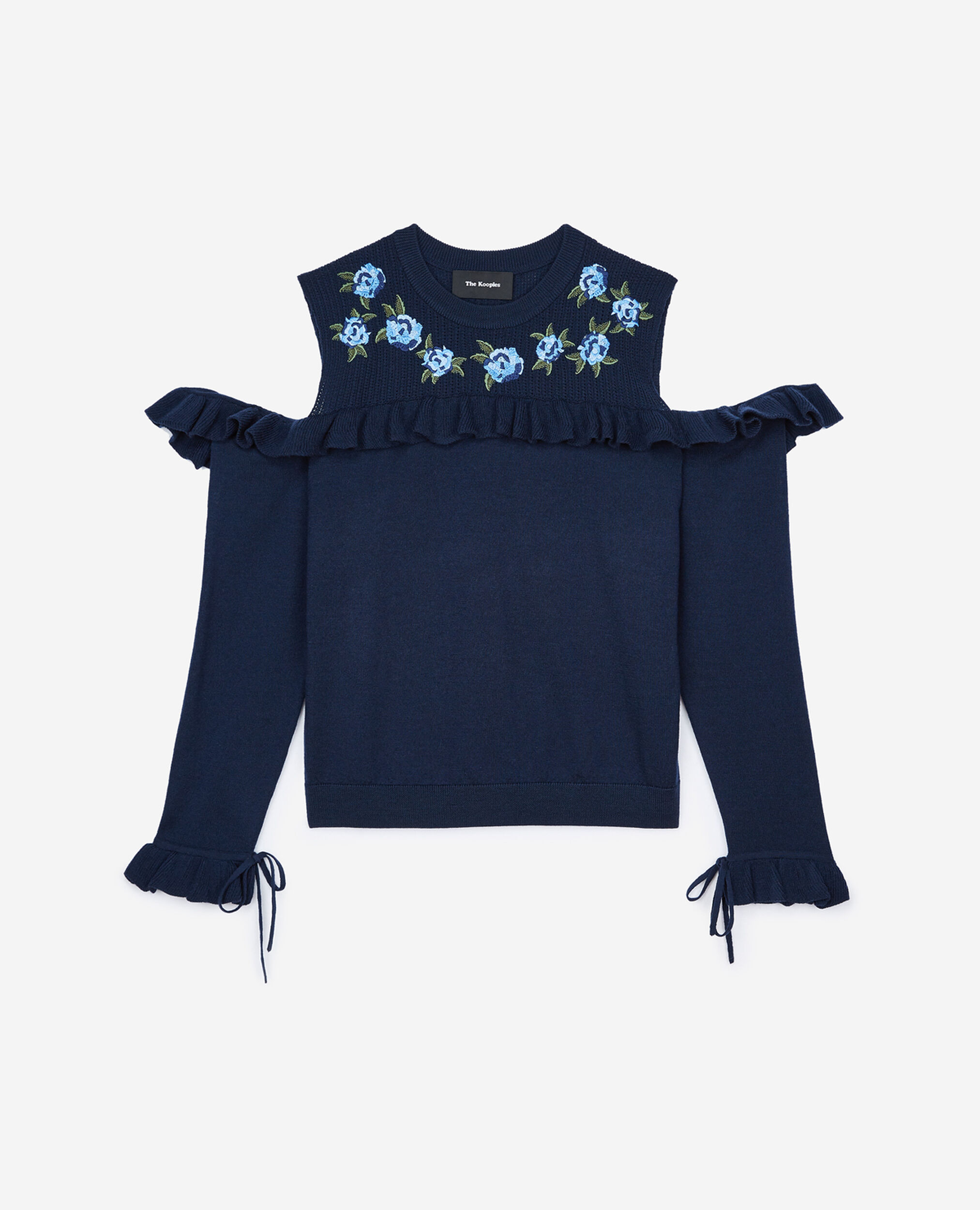 Navy merino pullover with embroidery, NAVY, hi-res image number null