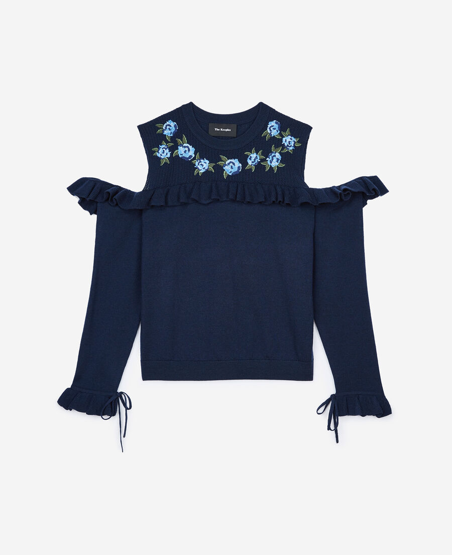 navy merino pullover with embroidery