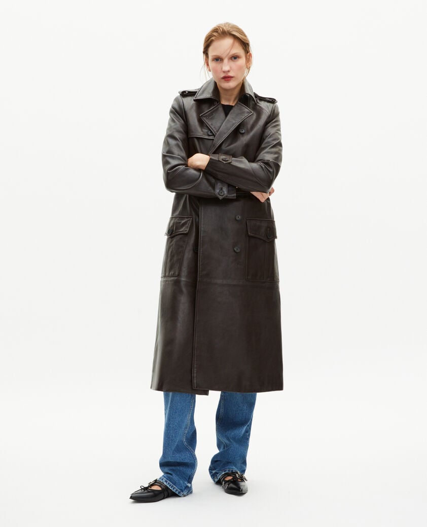 The Kooples FEMME DARK BROWN MELANGE trench long en cuir marron
