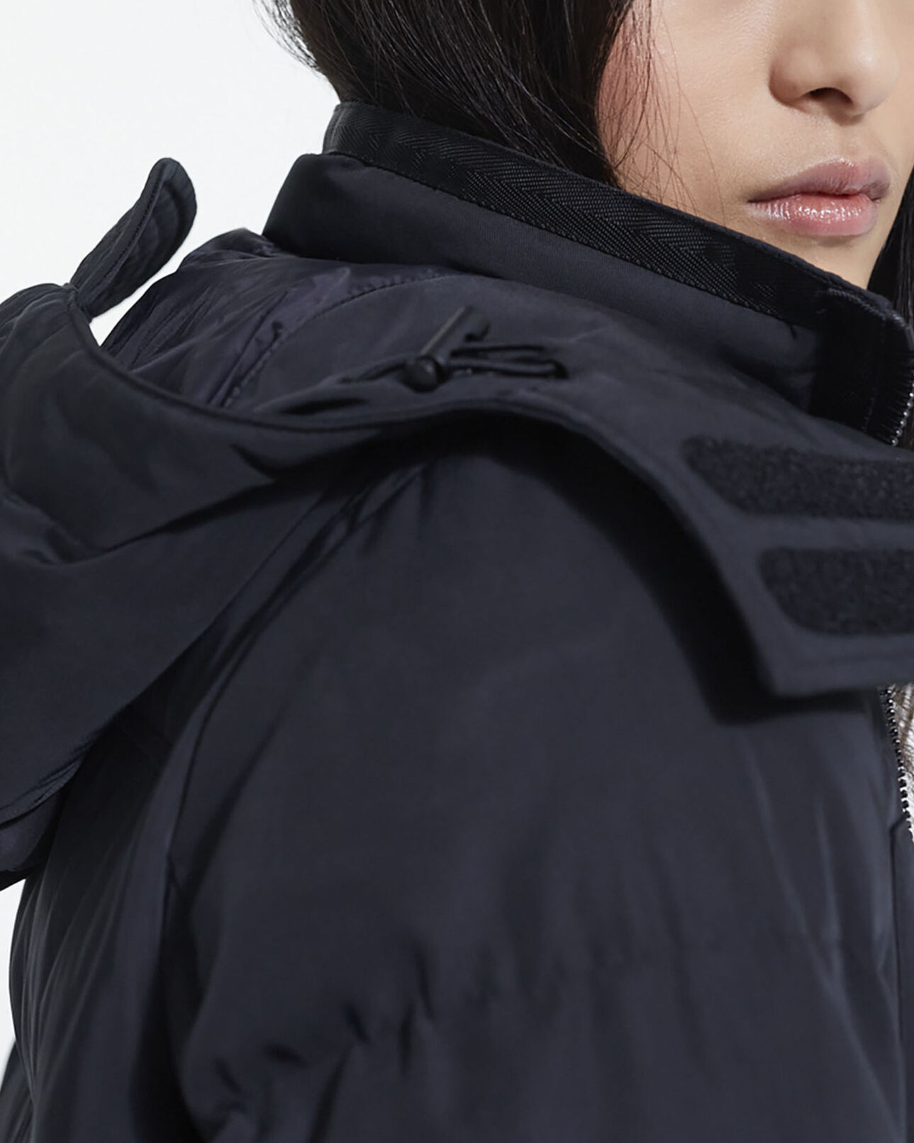 The Kooples WOMEN BLACK long black down jacket with straps and logo