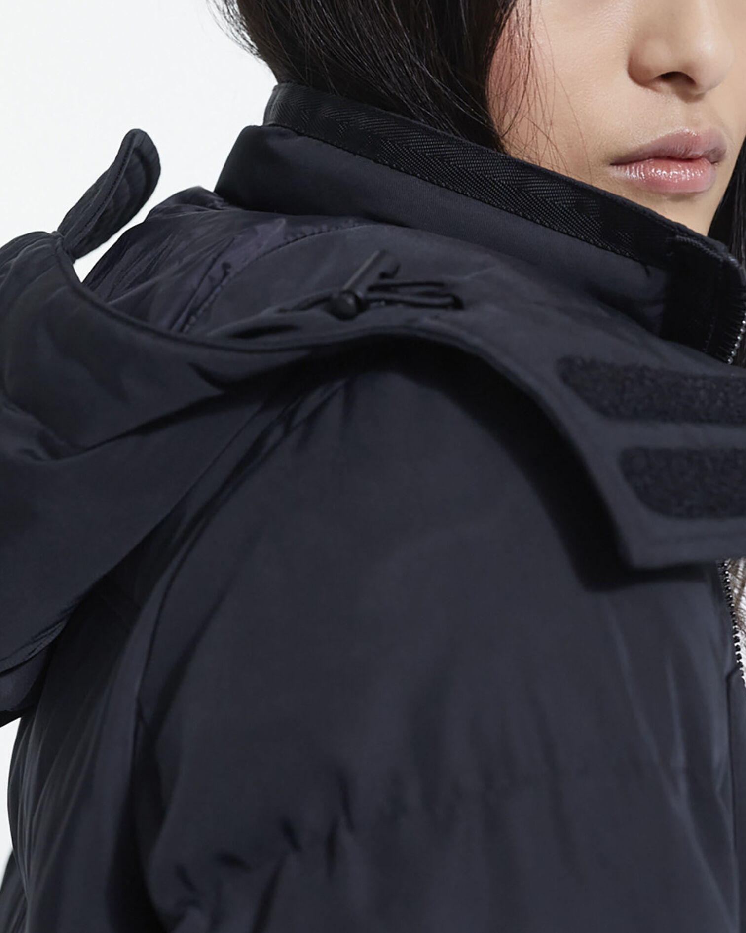 Long black down jacket with straps and logo, BLACK, hi-res image number null