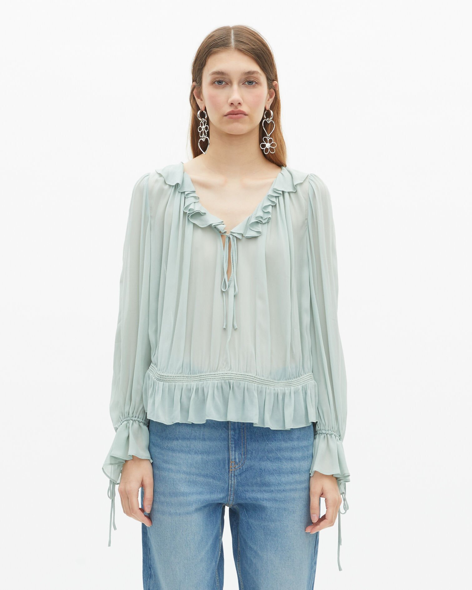Blouse avec volants bleue, BLUE/GREEN, hi-res image number null