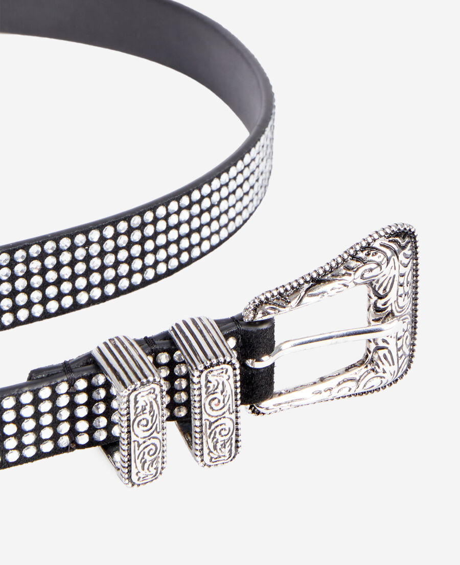 thin leather belt with rhinestones and western buckle