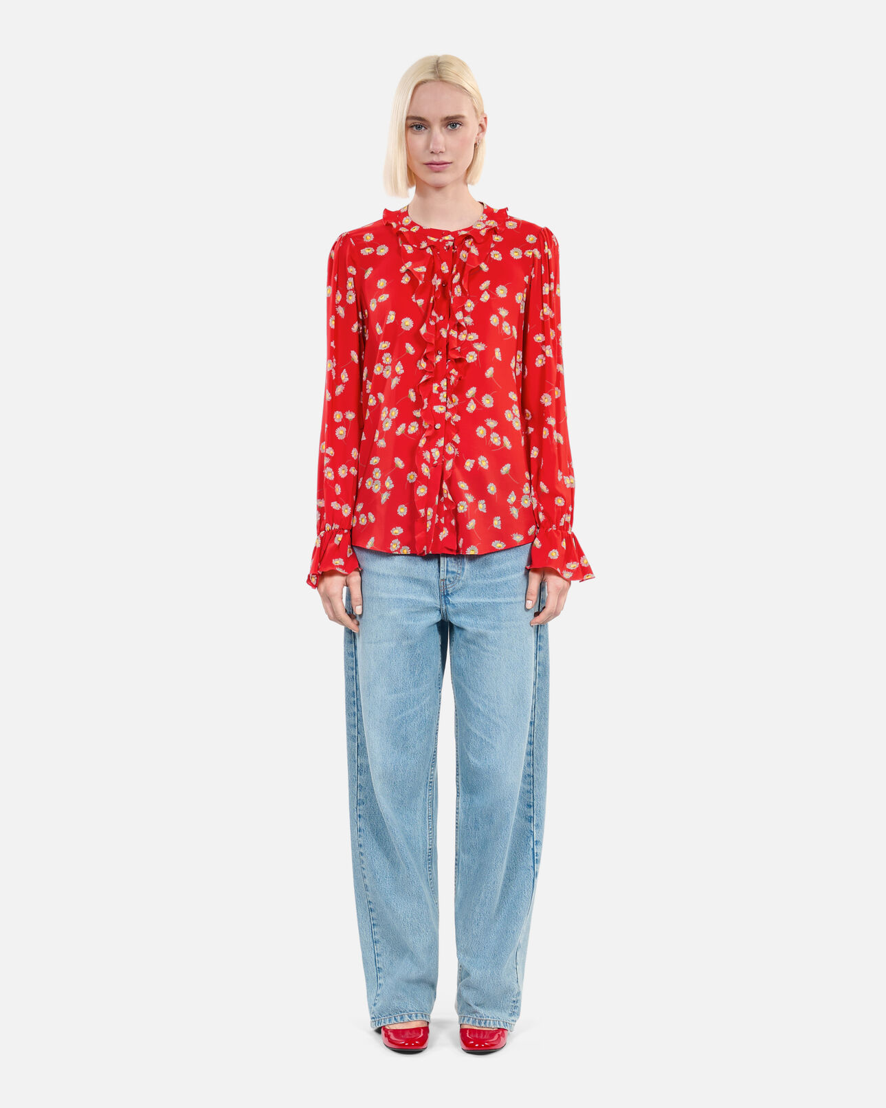 The Kooples DAMEN RED / WHITE shirt mit blumendruck und rüschen
