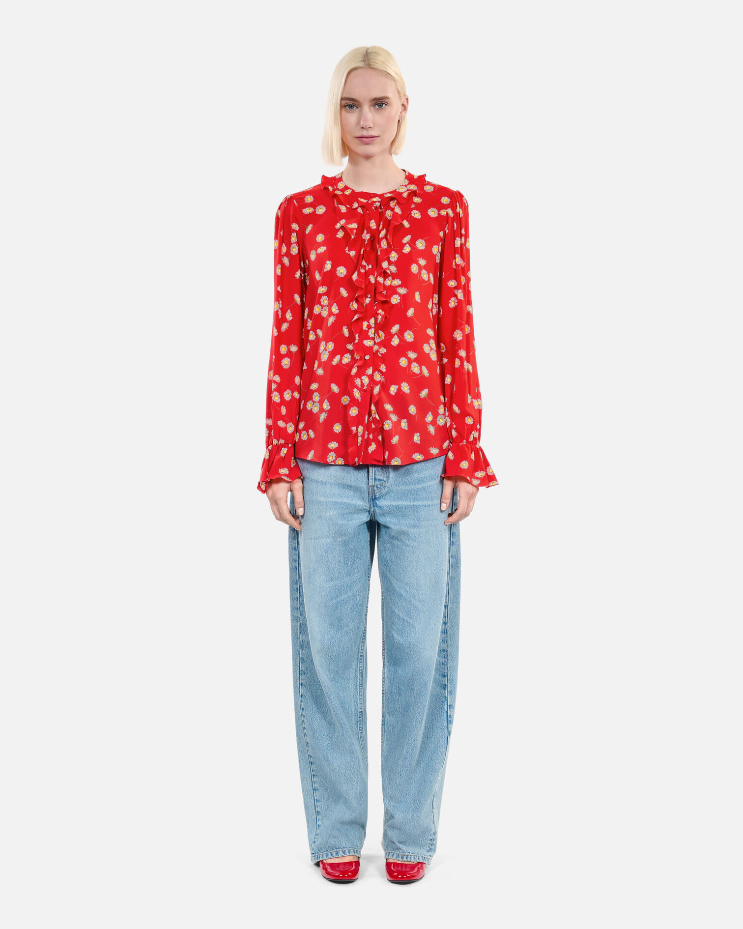 Shirt mit Blumendruck und Rüschen, RED / WHITE, hi-res image number null