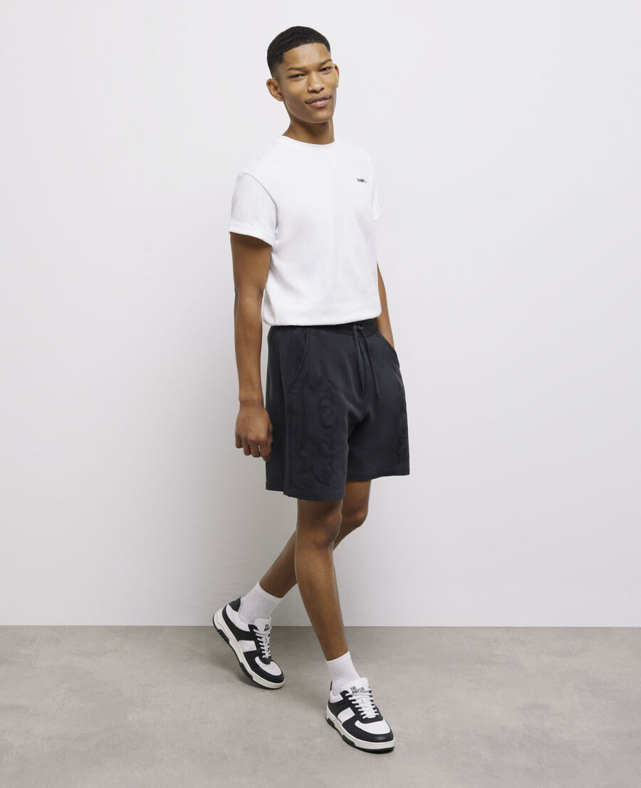 black fleece shorts with western-style embroidery