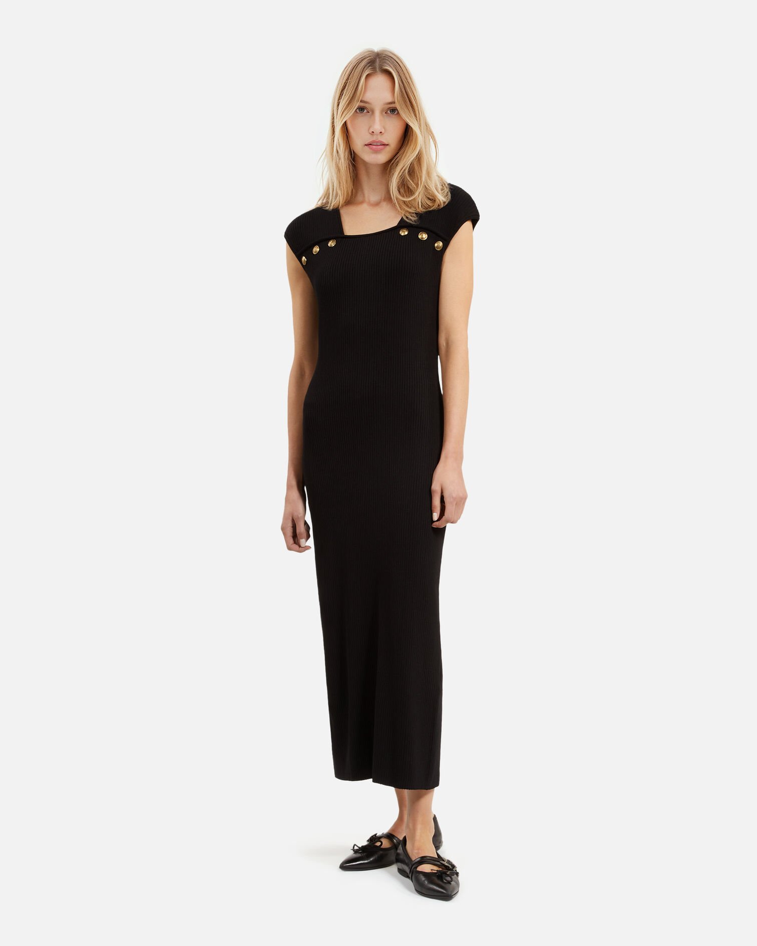 Langes Kleid aus schwarzem Rippstrick, BLACK, hi-res image number null