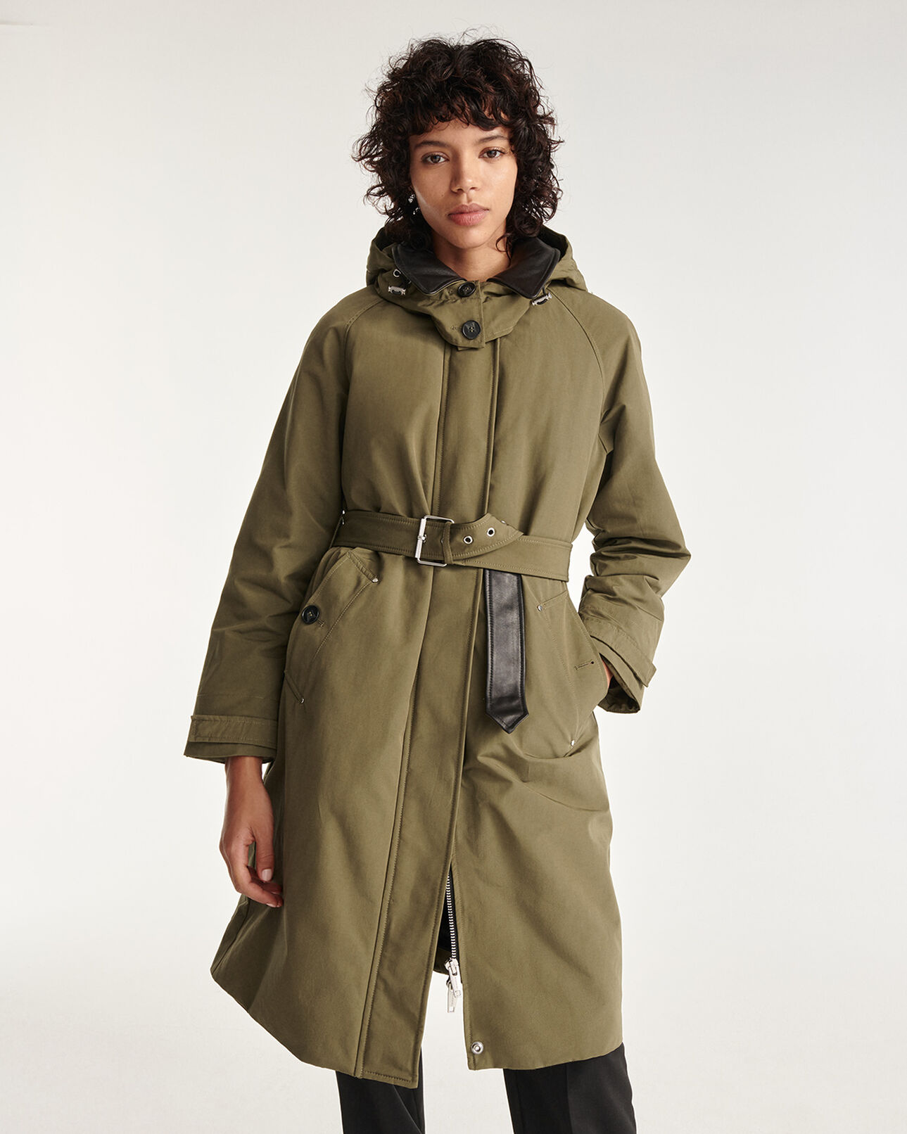 The Kooples WOMEN KAKI khaki parka with leather details and belt