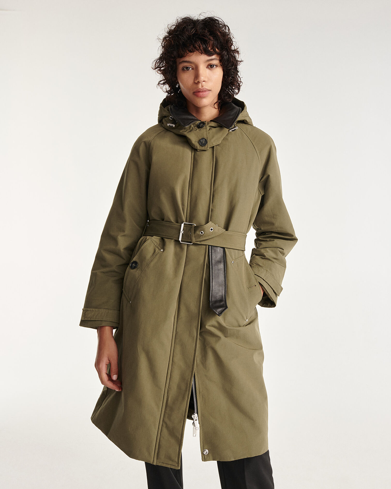 Khaki parka with leather details and belt, KAKI, hi-res image number null