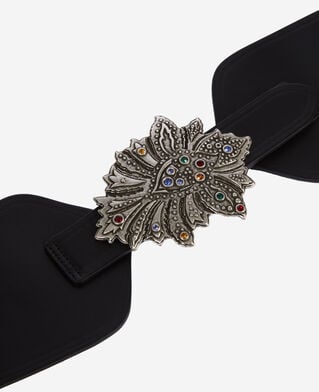 The Kooples WOMEN BLACK wide black leather belt with flower buckle