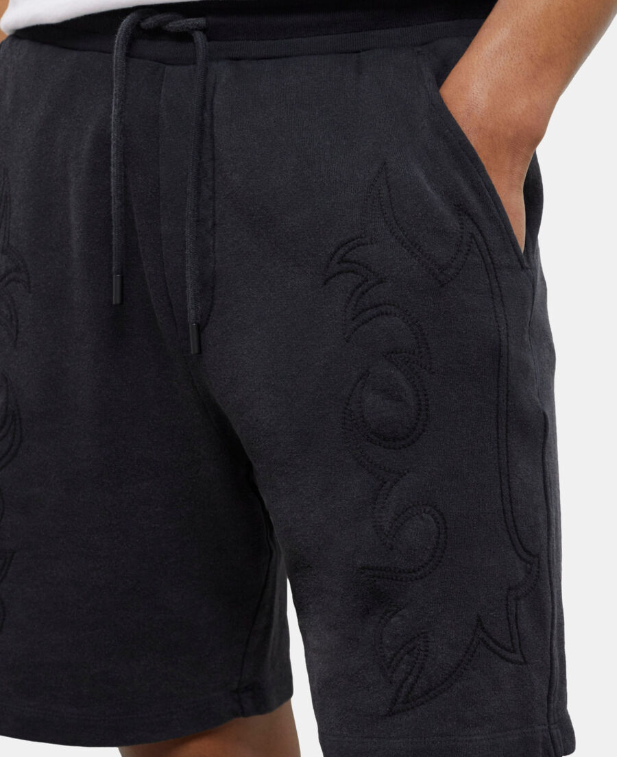 The Kooples H BLACK WASHED black fleece shorts with western-style embroidery