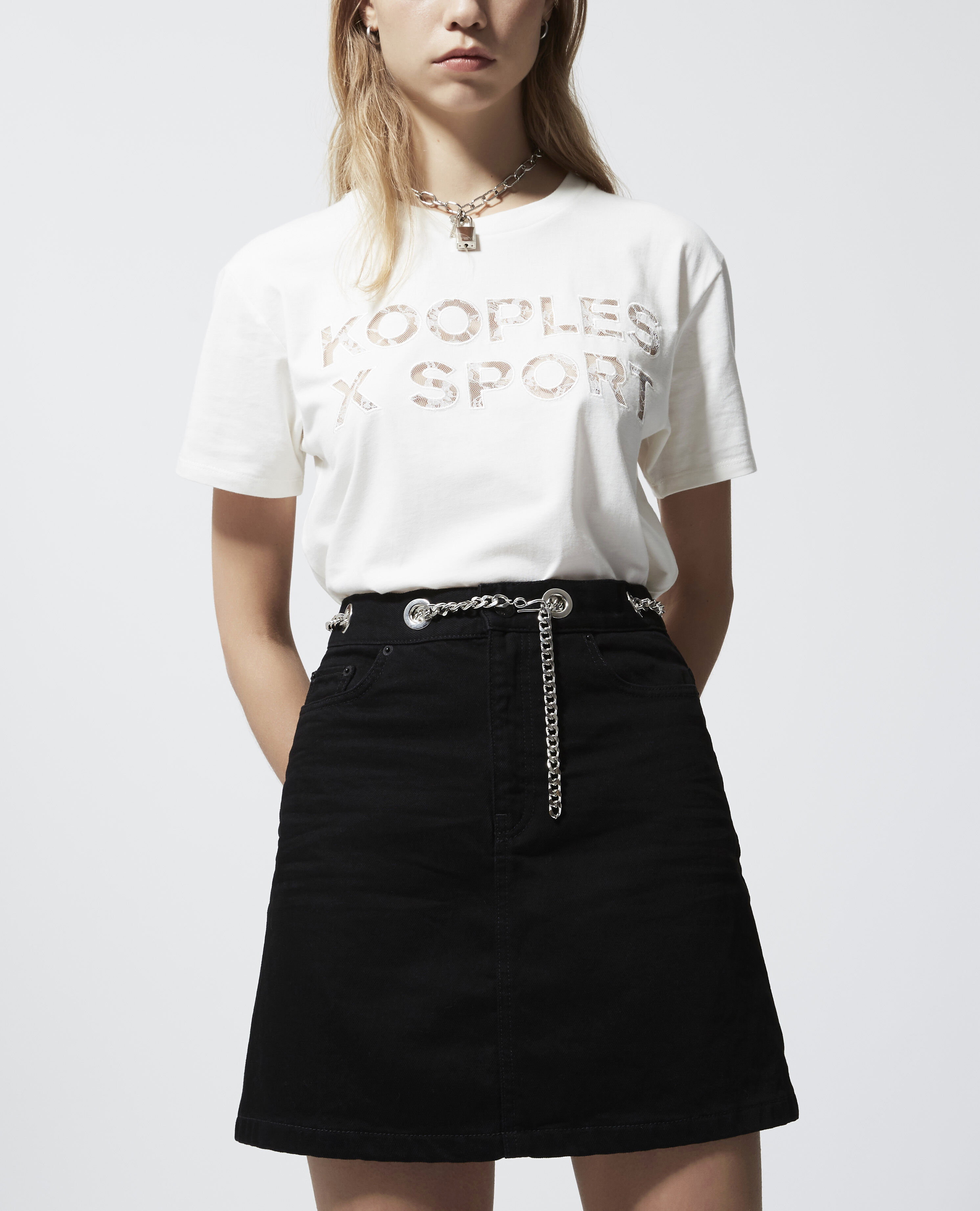 Black denim mini skirt with chain belt The Kooples