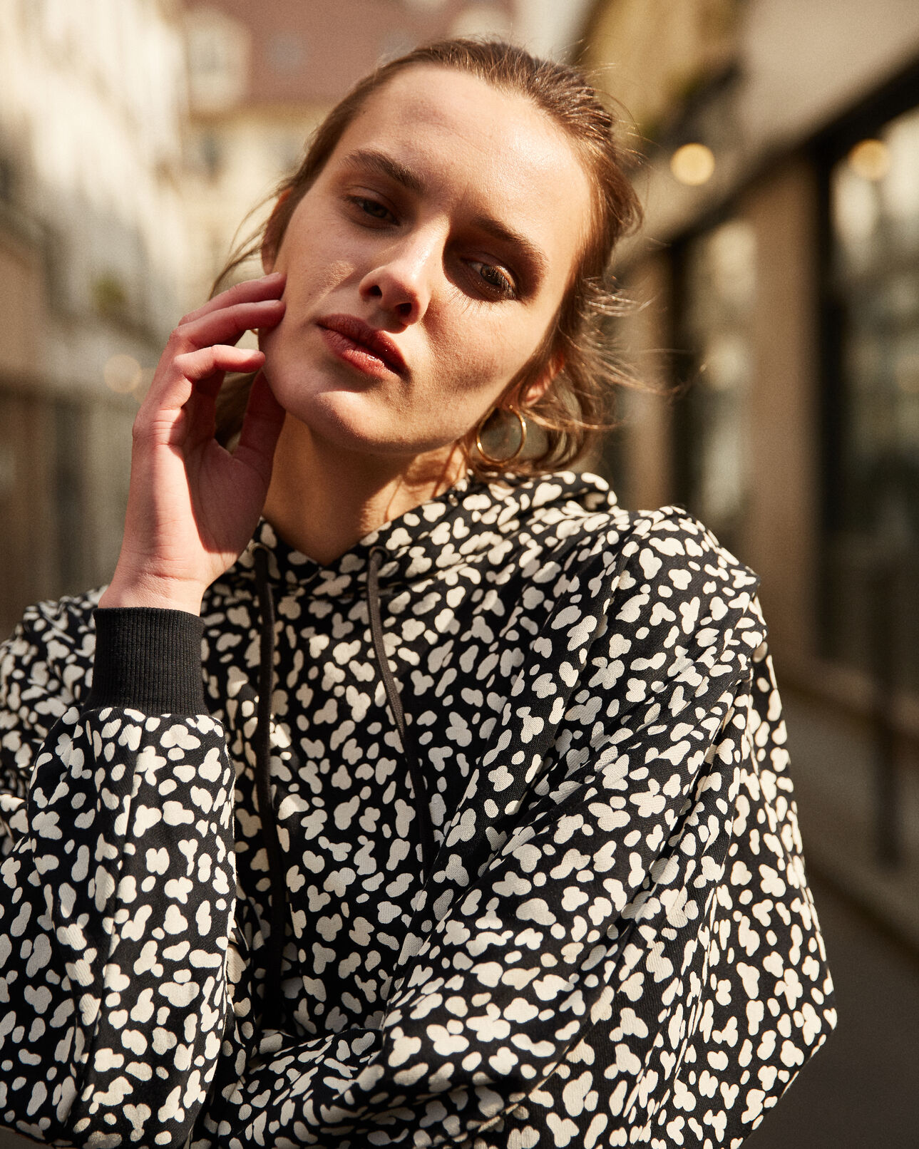 The Kooples WOMEN BLACK WHITE LEOPARD black patterned fleece sweatshirt