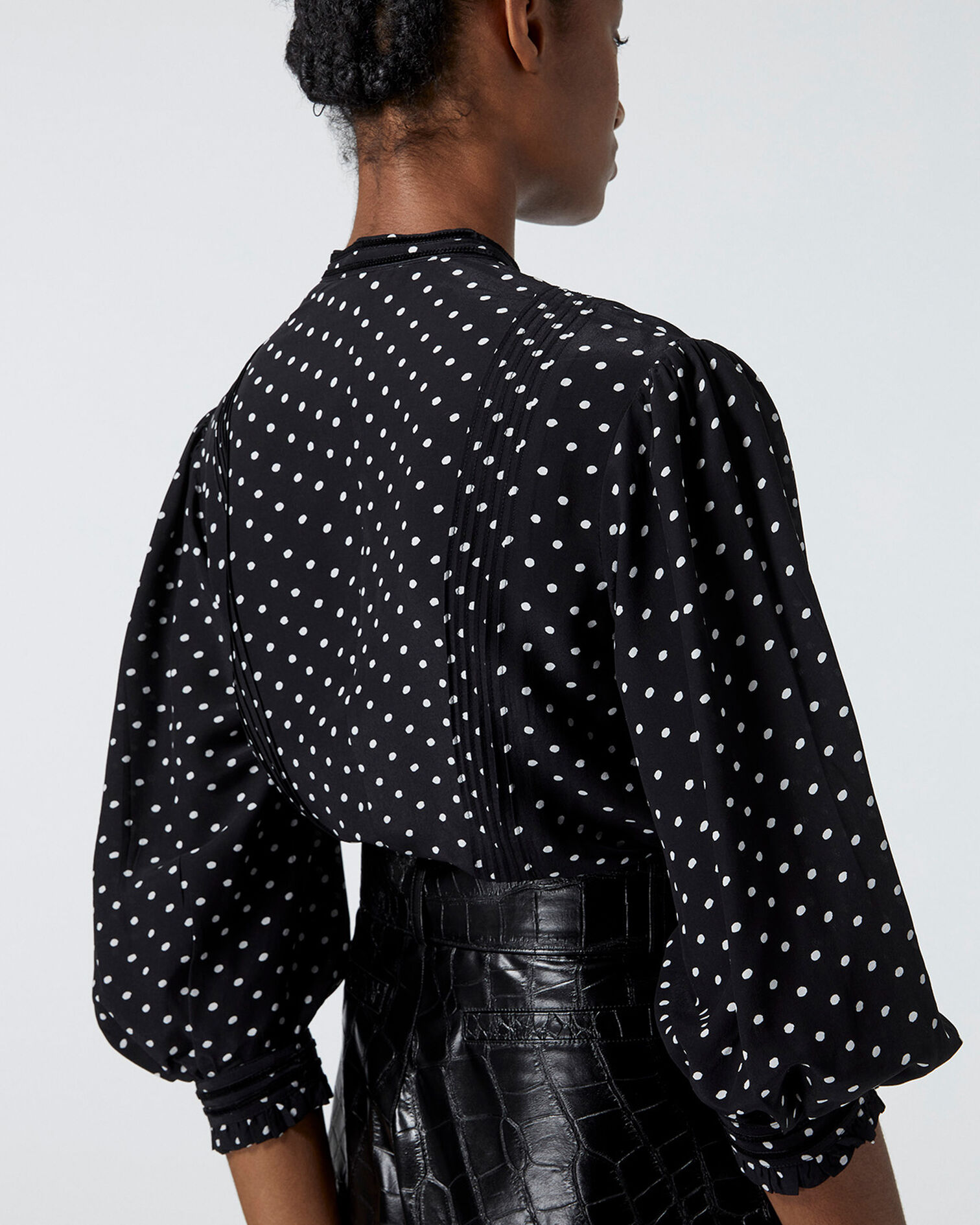 Flowing fabric black top w/white polka dots, BLACK-ECRU, hi-res image number null