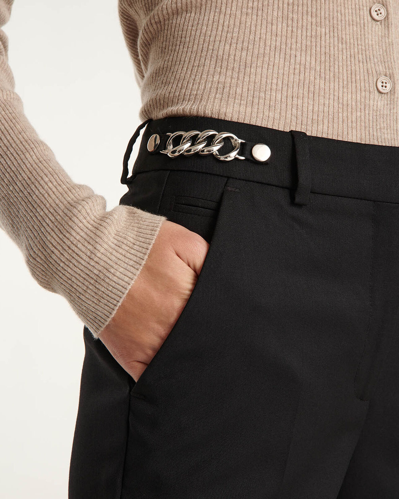 The Kooples FEMME BLACK pantalon laine noir slim avec chaine