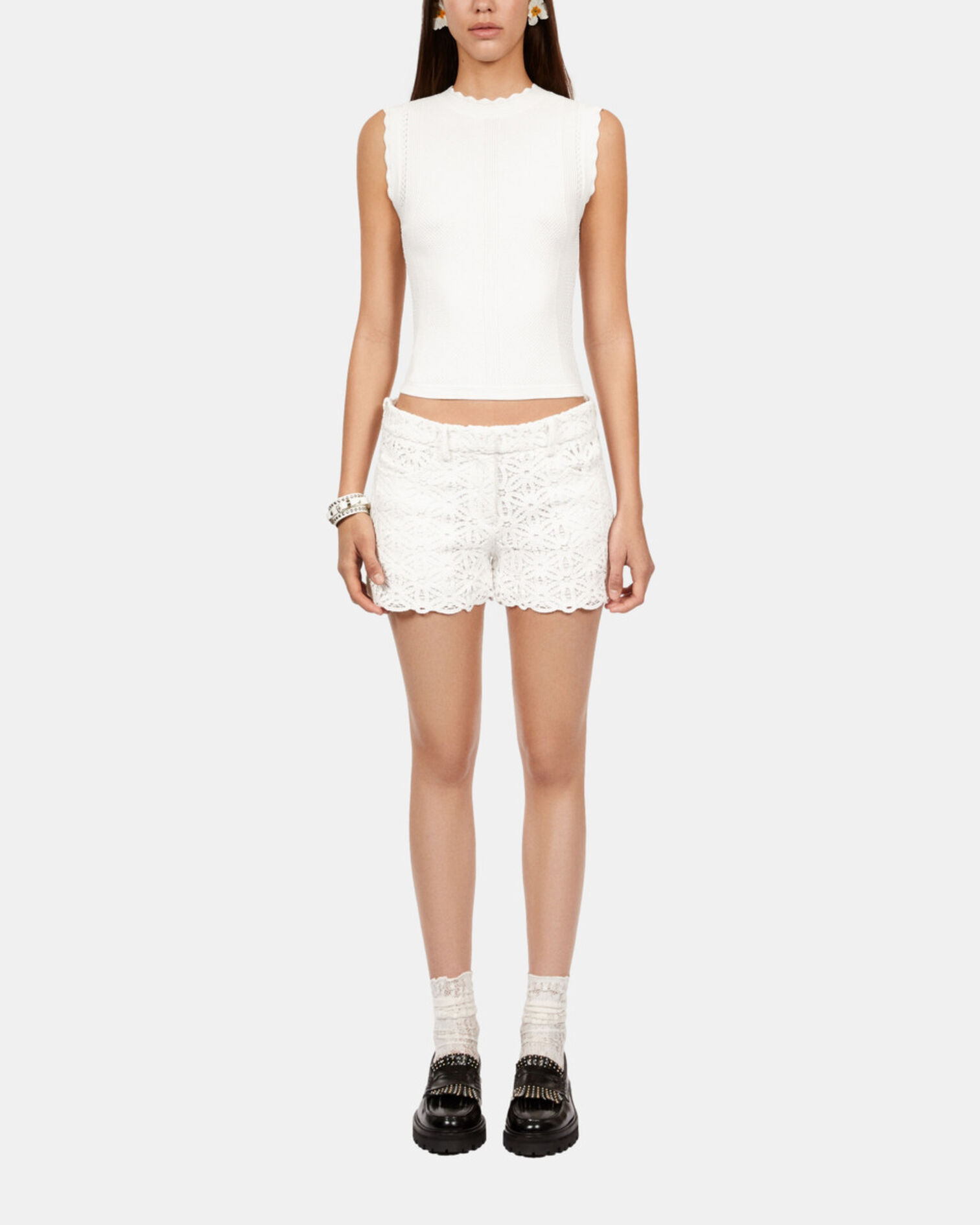 White openwork knit top, WHITE, hi-res image number null