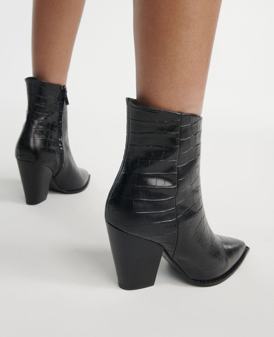 heeled croc-effect black leather ankle boots