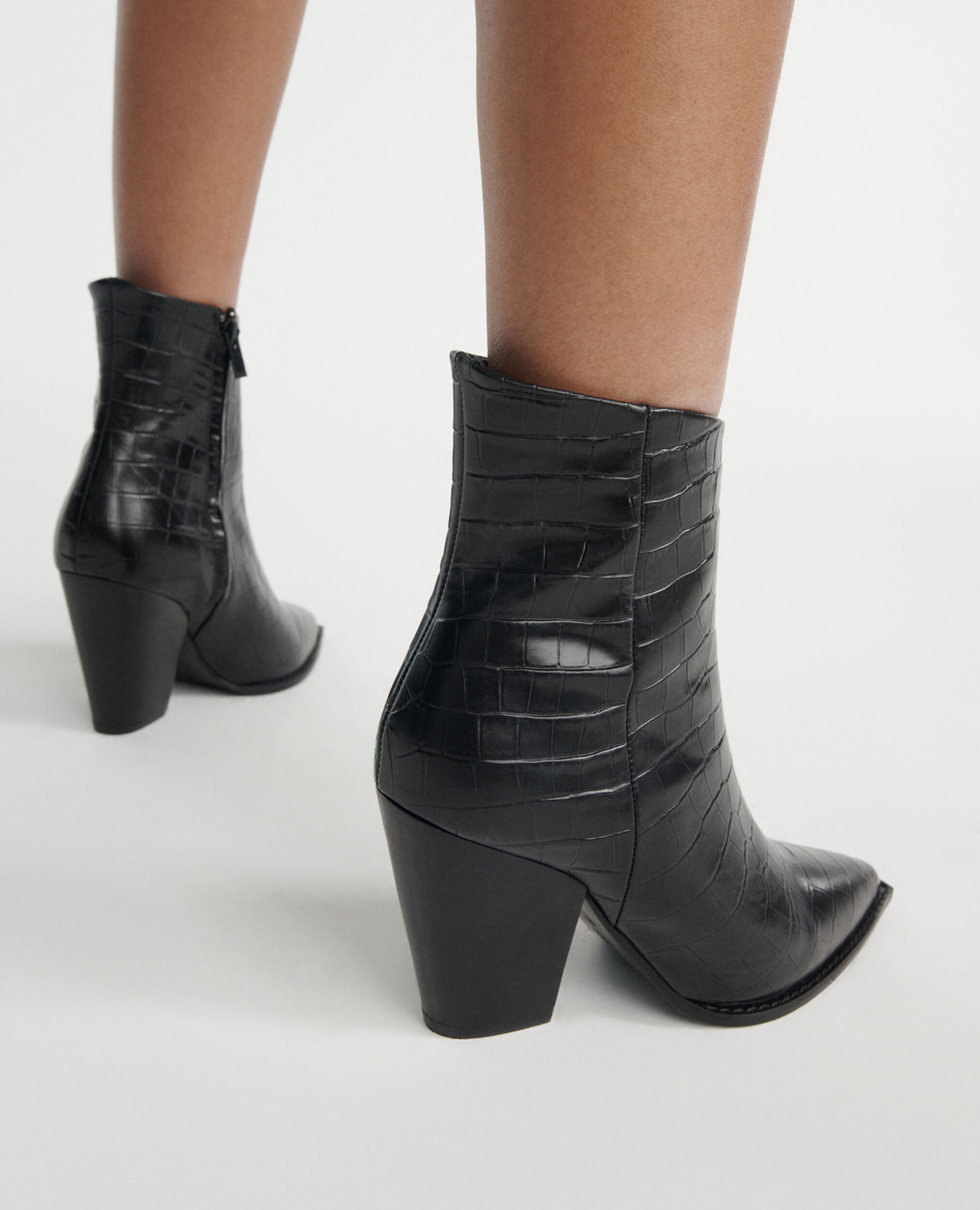 Heeled croc-effect black leather ankle boots, BLACK, hi-res image number null
