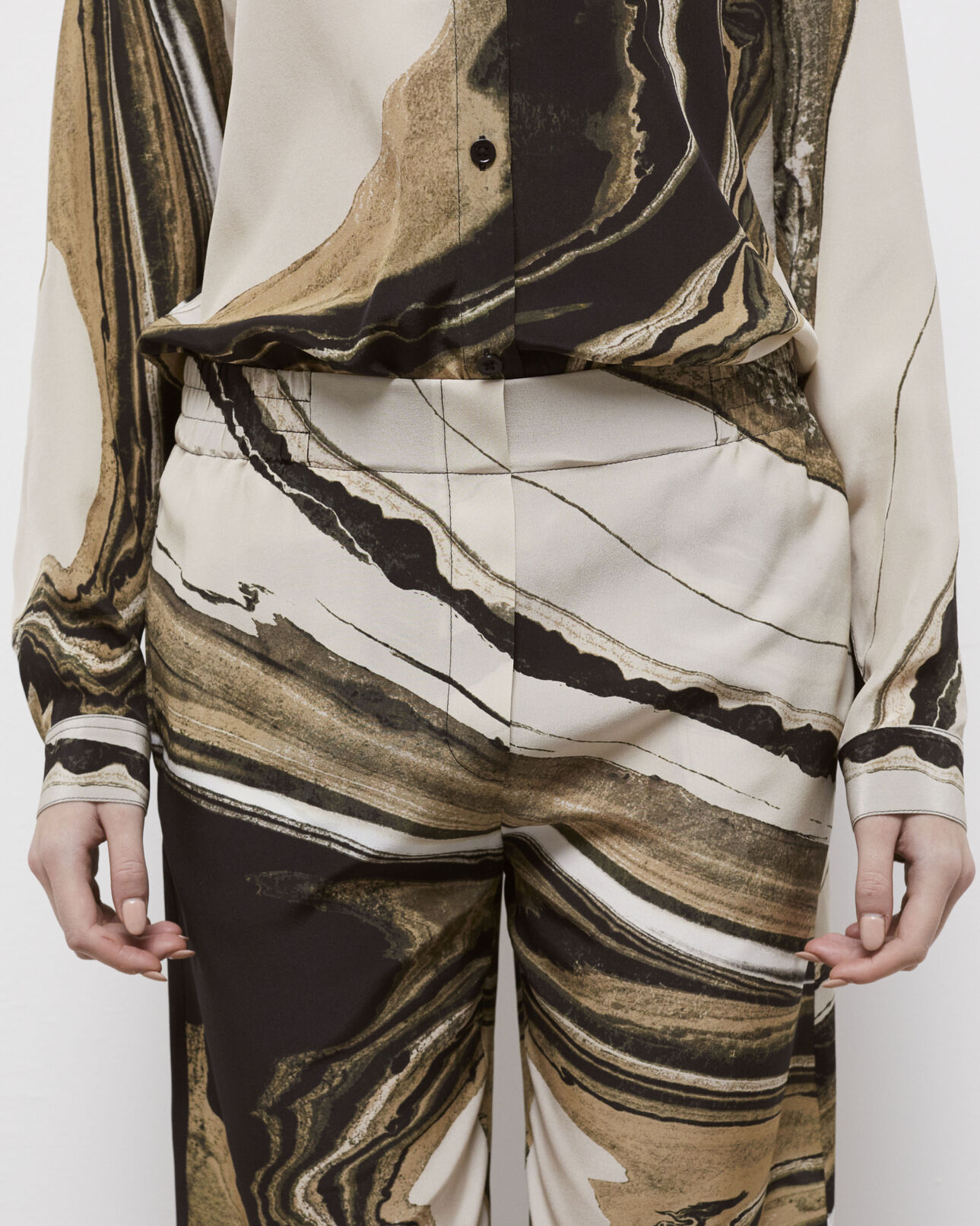 The Kooples WOMEN BEIGE-BROWN printed flowing silk pants