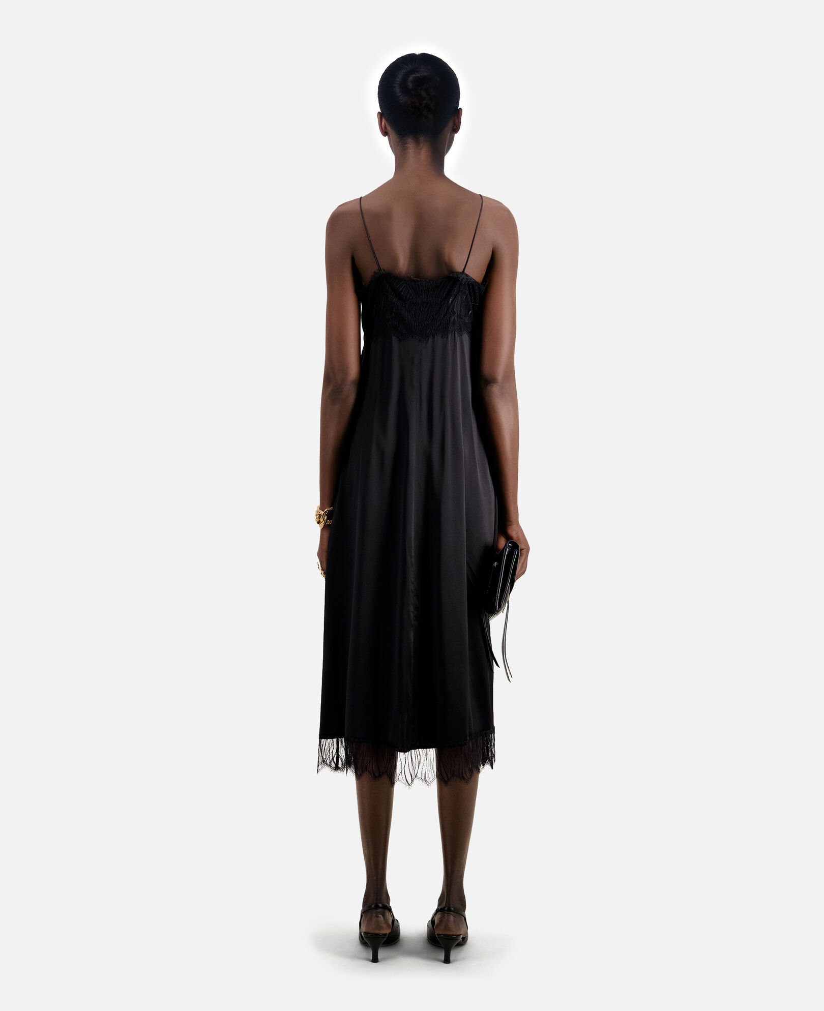 The Kooples MUJER BLACK vestido lencero largo seda negro encaje