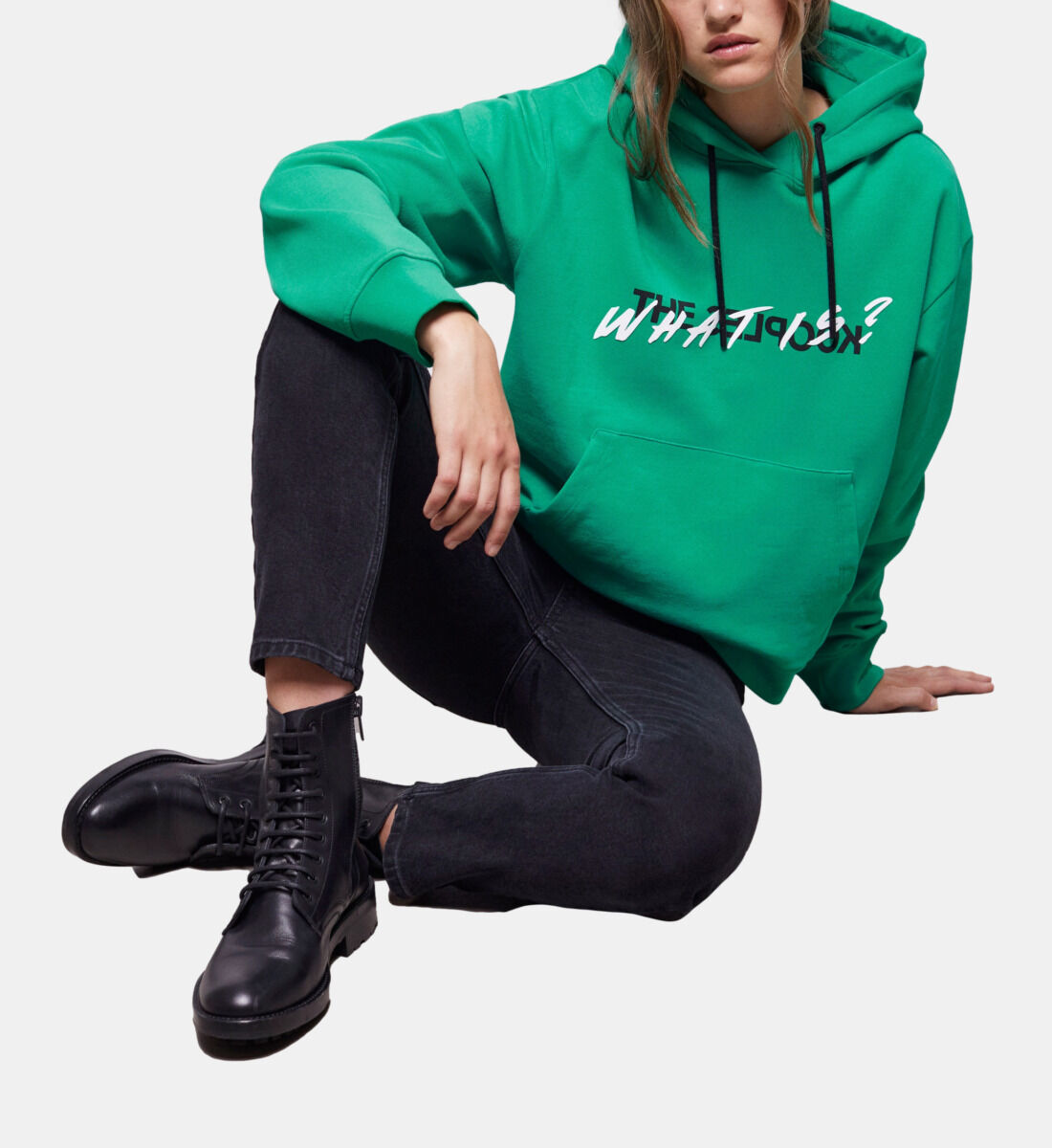 Green hoodie black jeans clearance
