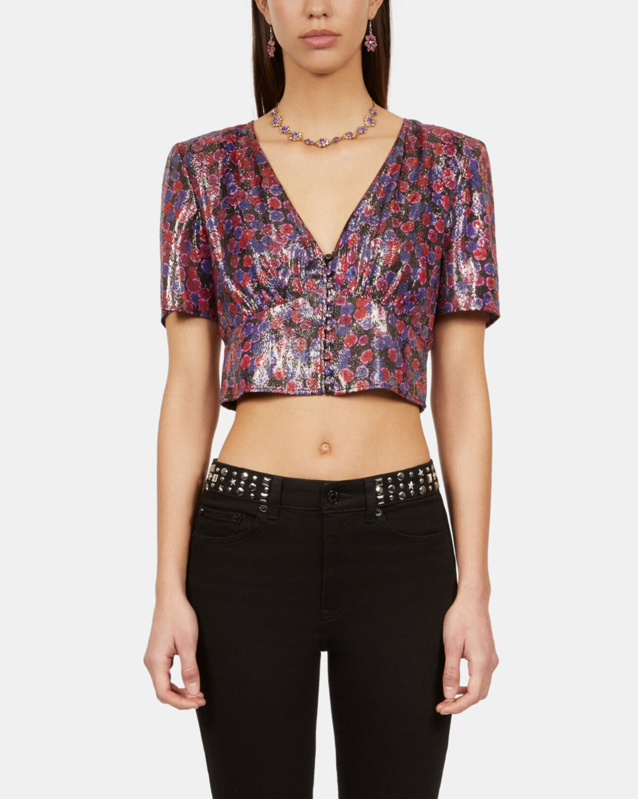 The Kooples WOMEN BLUE RED floral metallic cropped top