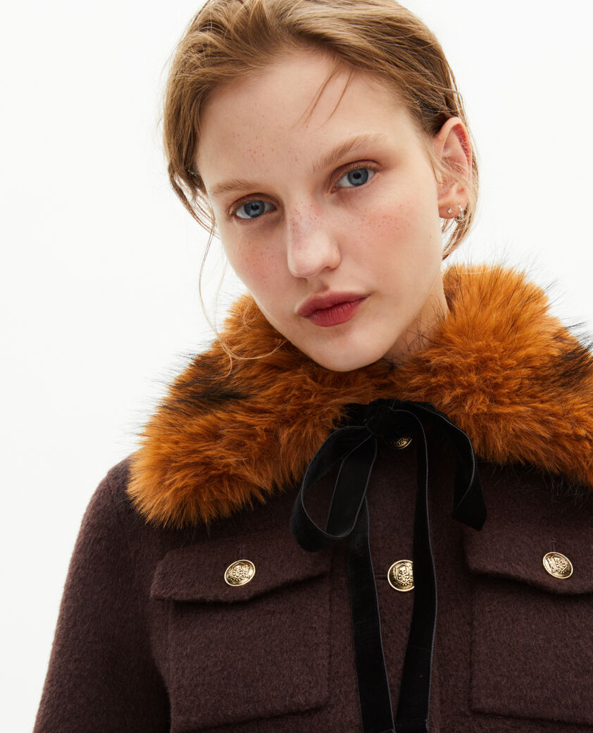 The Kooples FEMME CHOCOLATE blouson court en laine col sherpa marron