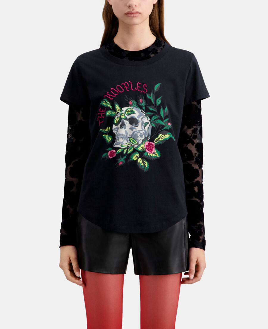 women's black t-shirt with skull - roses serigraphy