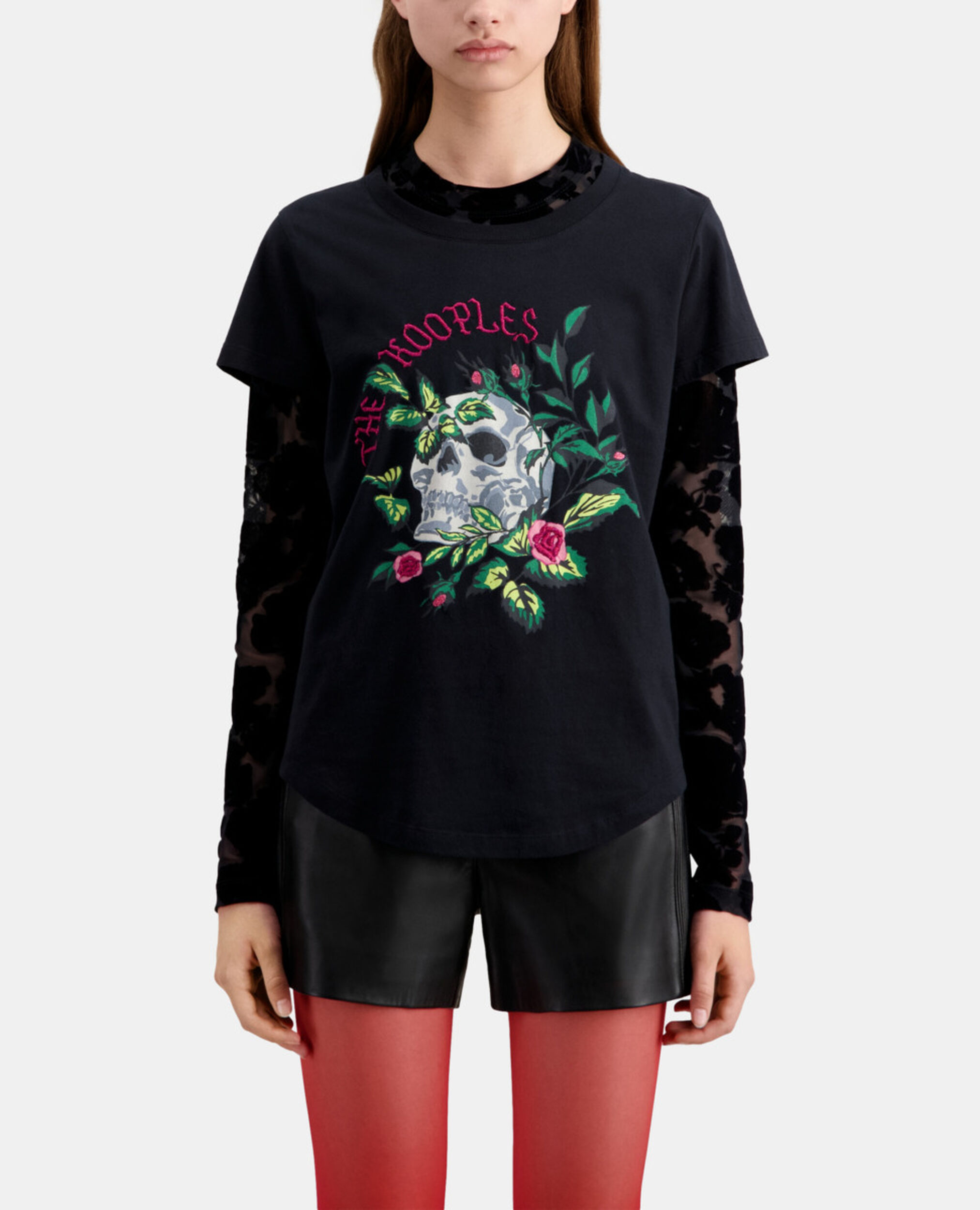 Women's black t-shirt with skull - roses serigraphy, BLACK, hi-res image number null