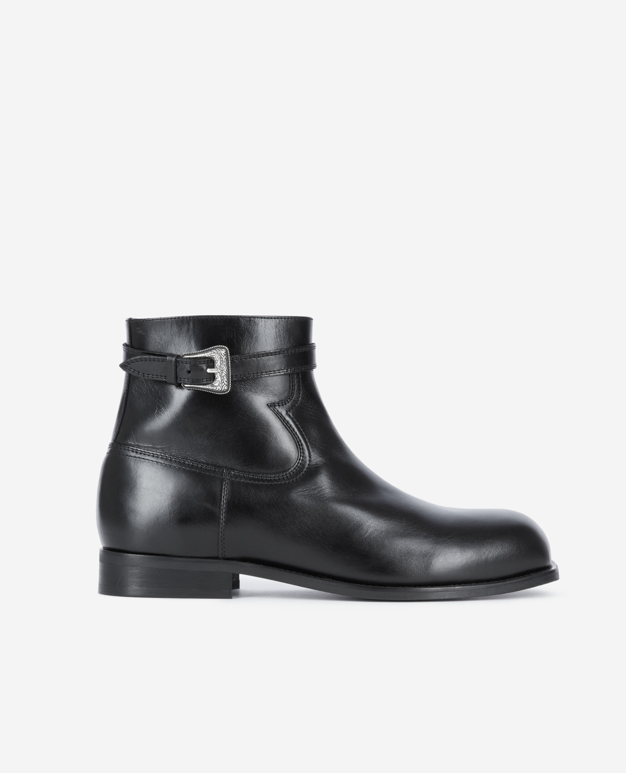 Black leather ankle boots with buckle