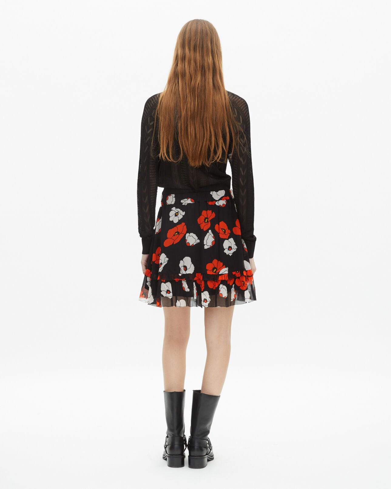 The Kooples FEMME BLACK RED OFF WHITE jupe courte imprimé fleuri noire