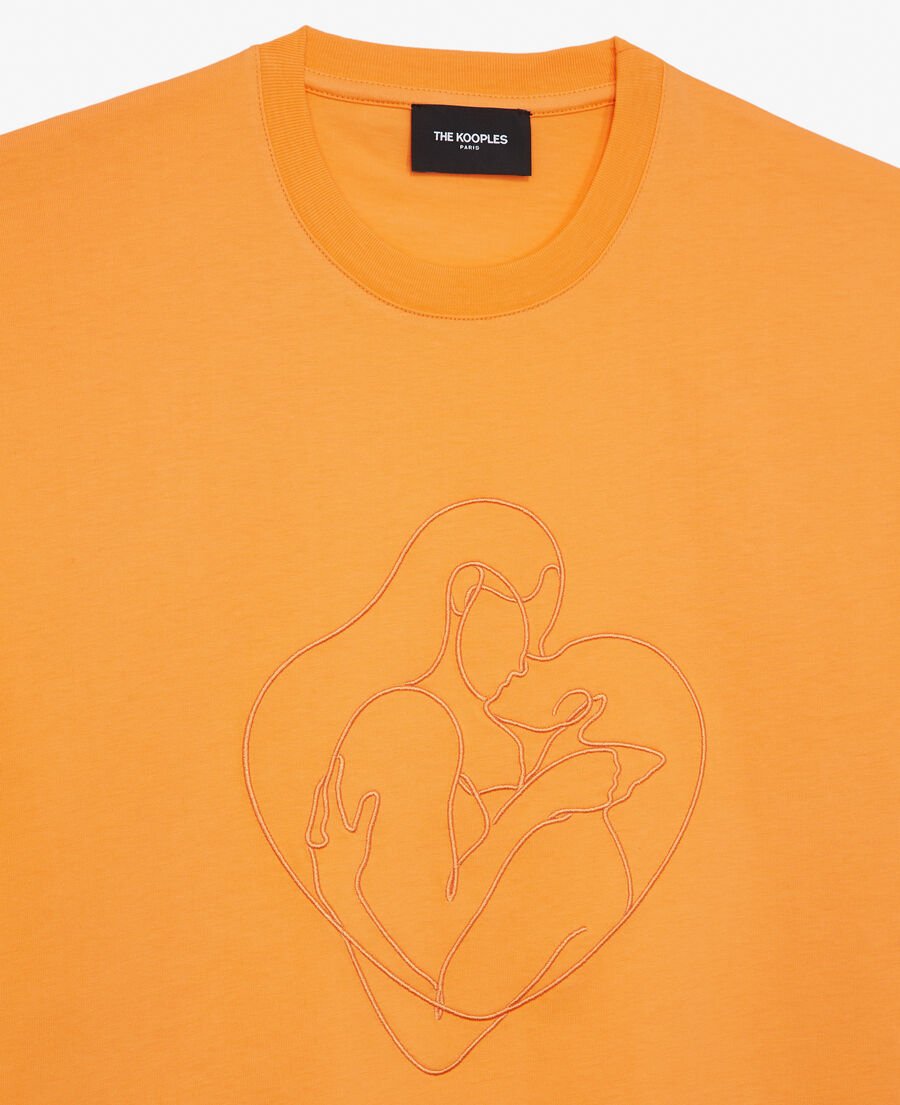 t-shirt orange coton brodé ton sur ton