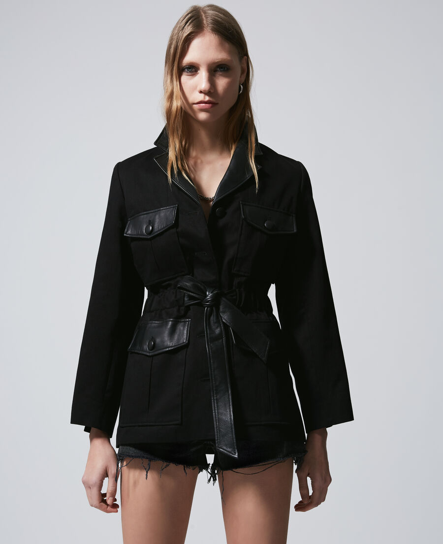 black cotton jacket with pockets and leather