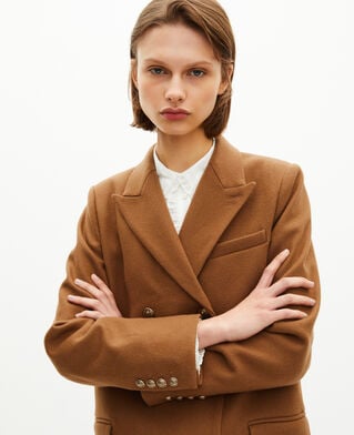 The Kooples FEMME CAMEL MELANGE / BURGUNDY manteau long croisé en laine camel